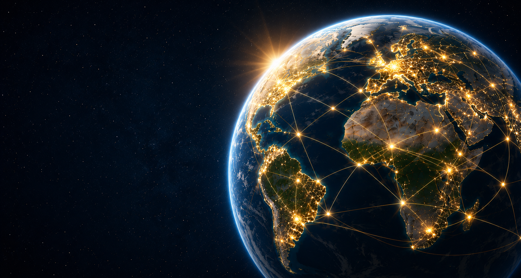 Rappresentazione della Terra vista dallo spazio, attraversata da linee luminose che collegano i continenti.